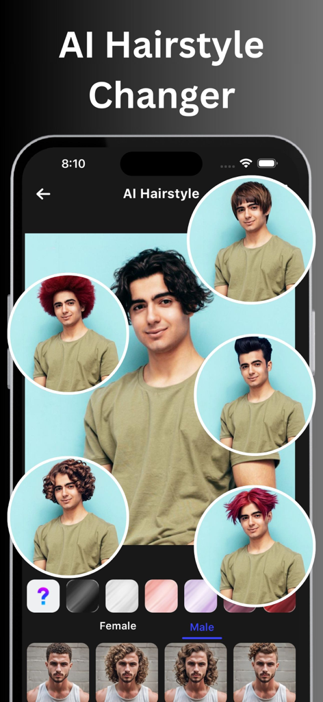 Mobile app interface showing various virtual hairstyles and hair colors for men using AI technology