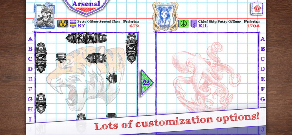 Sea Battle 2 - Sea Battle 2 gameplay screen showing customization options for ships and avatars on a notebook grid