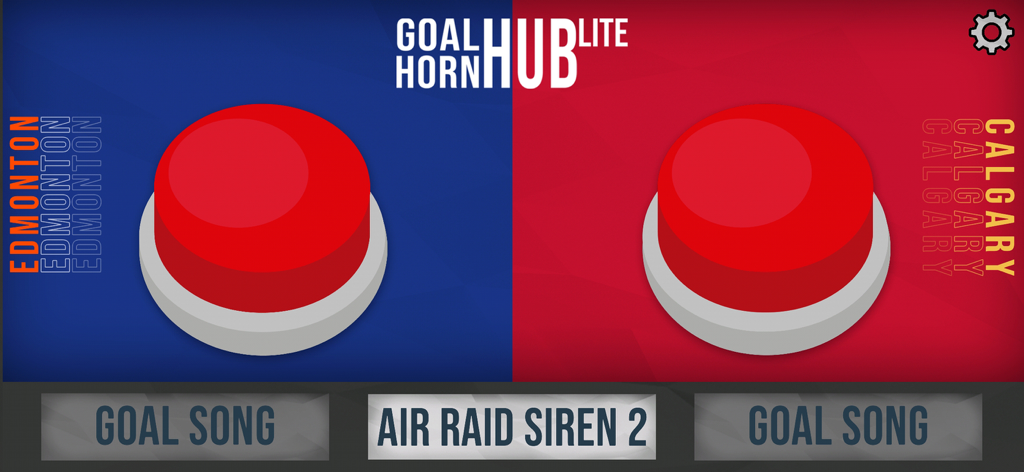 Goal Horn Hub Lite - Screenshot of Goal Horn Hub Lite showing two red goal horn buttons for Edmonton and Calgary