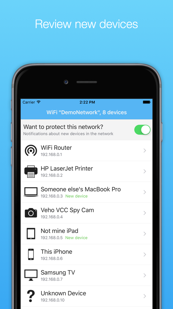 Captura de pantalla de la aplicación WiFi Guard mostrando una lista de dispositivos conectados a una red local con notificaciones de nuevos dispositivos