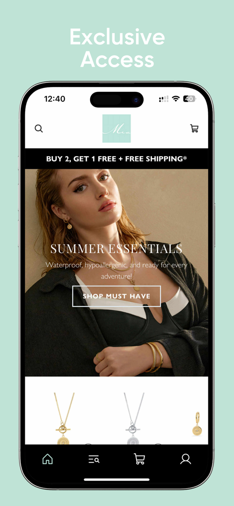 Mia Bijoux - Mia Bijoux mobile app home screen featuring the Summer Essentials hypoallergenic jewelry collection