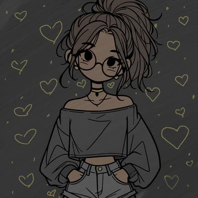 girl with a messy ponytail glasses a baggy crop top and jean shorts