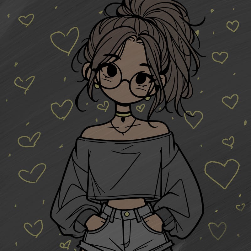 girl with a messy ponytail glasses a baggy crop top and jean shorts