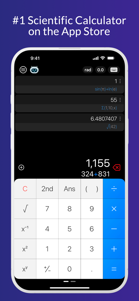 iCalc: Photo Math Calculator - iCalc scientific calculator app interface on an iPhone showing complex math calculations and numeric keypad
