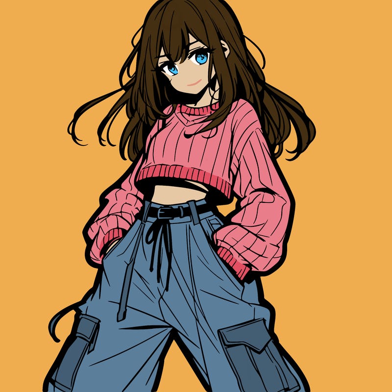 anime teen girl with baggy pants and crop top with sweater