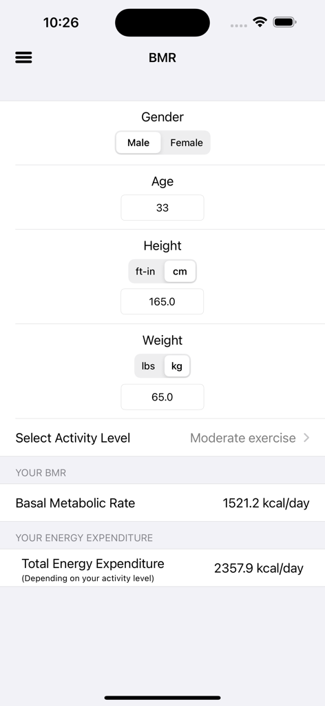 Pantalla de la calculadora de Metabolismo Basal mostrando la tasa metabólica basal y los resultados del gasto energético total