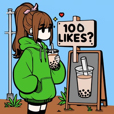 girl with oversized hoodie drinking boba and she has a high ponytail with a sign that says 10likes?