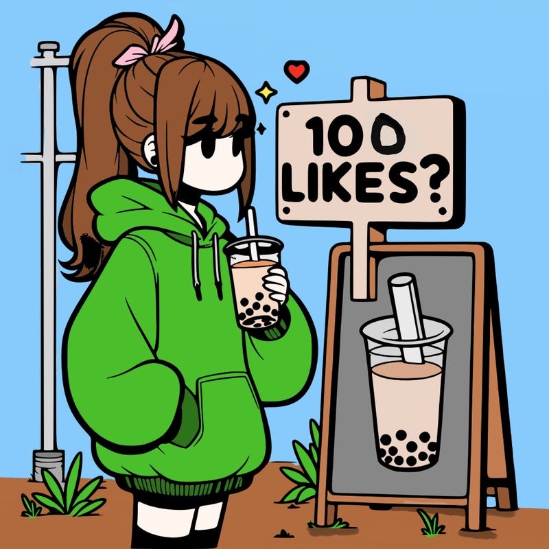 girl with oversized hoodie drinking boba and she has a high ponytail with a sign that says 10likes?