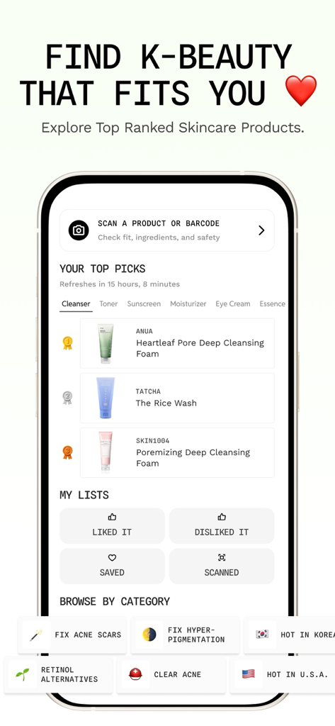 Venus: Personal K-Beauty Coach - Venus app interface showing top ranked K-beauty skincare products and personalized categories