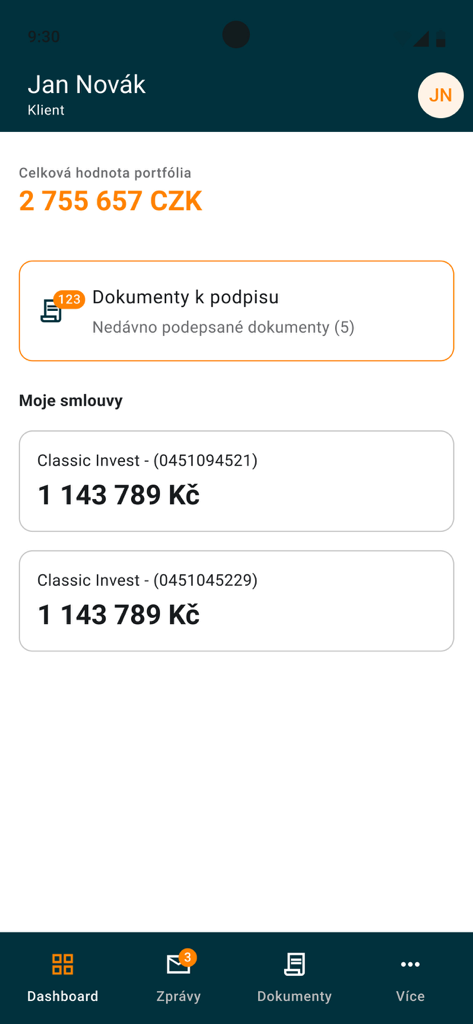 Painel do aplicativo My Conseq exibindo o valor total do portfólio e contratos de investimento individuais