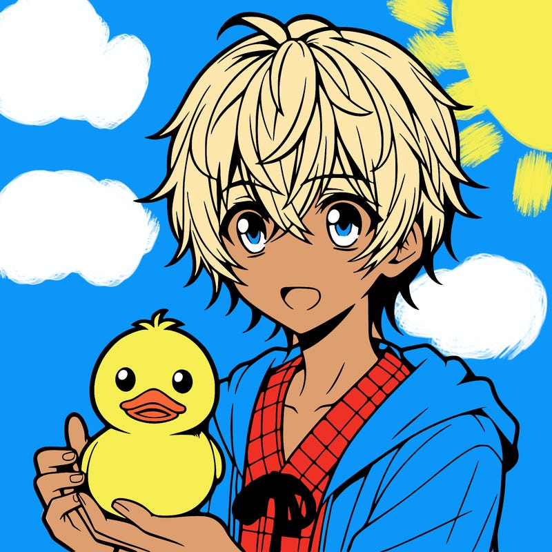 anime boy holding a duck