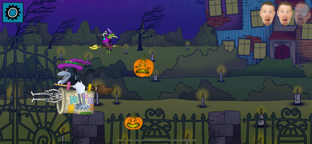 Maggie the magpie flying on a broomstick in a spooky graveyard with pumpkins and a witch.