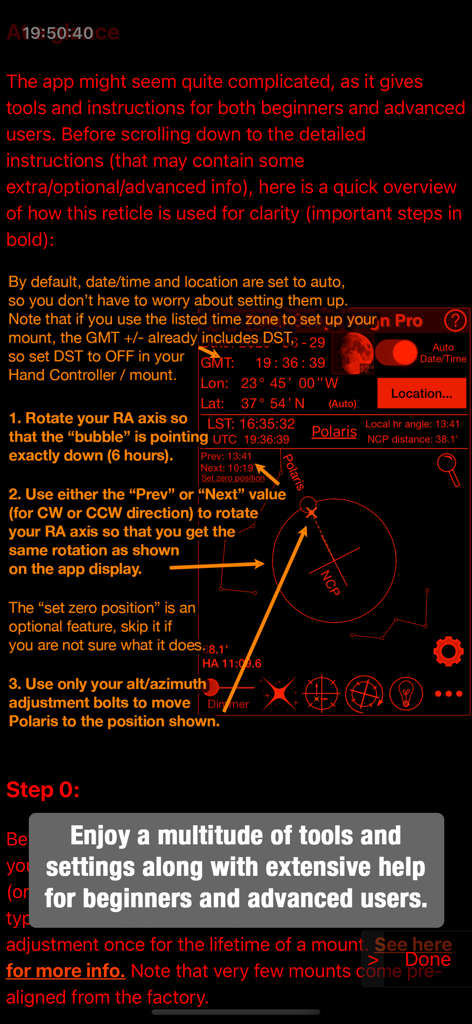 Polar Scope Align Pro Watch - A guide in the Polar Scope Align Pro app showing how to align a telescope using the reticle in red night mode.