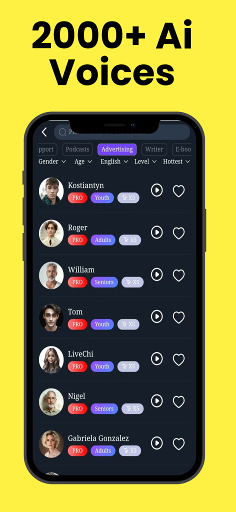 MicVoice Ai - Pantalla de la aplicación móvil que muestra una lista de más de 2000 voces de IA para narración de texto a voz.