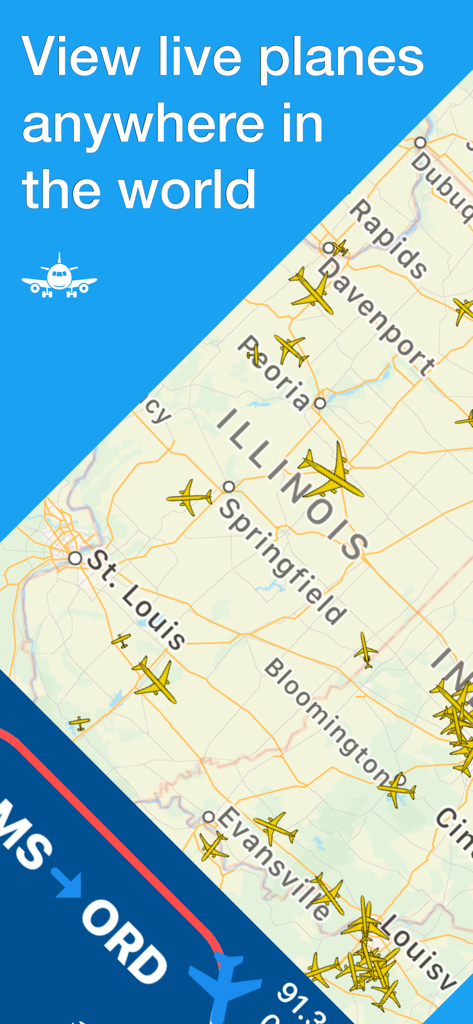 Captura de pantalla de la aplicación SkyTrack que muestra un mapa de vuelos en vivo con iconos de aviones sobre Illinois