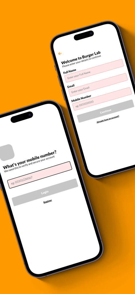 Burger Lab - Pantallas de registro e inicio de sesión para la app de delivery de comida Burger Lab