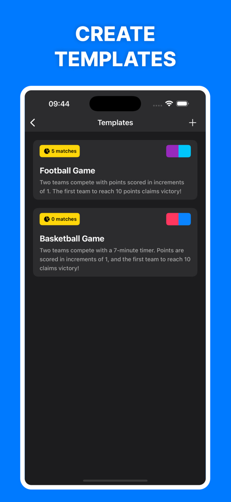 A mobile app interface showing a list of sports templates for football and basketball with custom scoring rules and team colors.