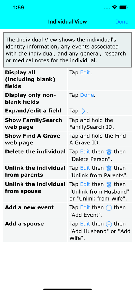 Families - Individual View instructions for the Families genealogy app showing editing and navigation options