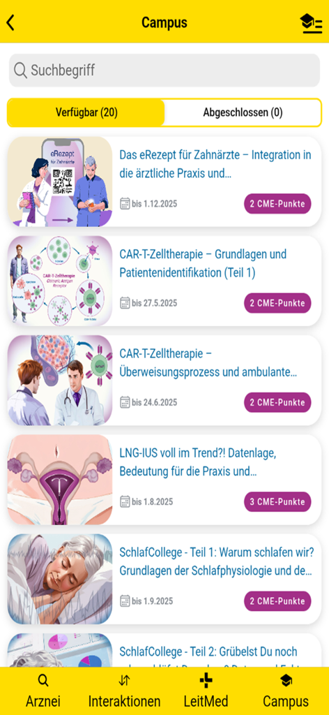 Screenshot of the Campus section in the Gelbe Liste Pharmindex app showing medical education courses and CME points.
