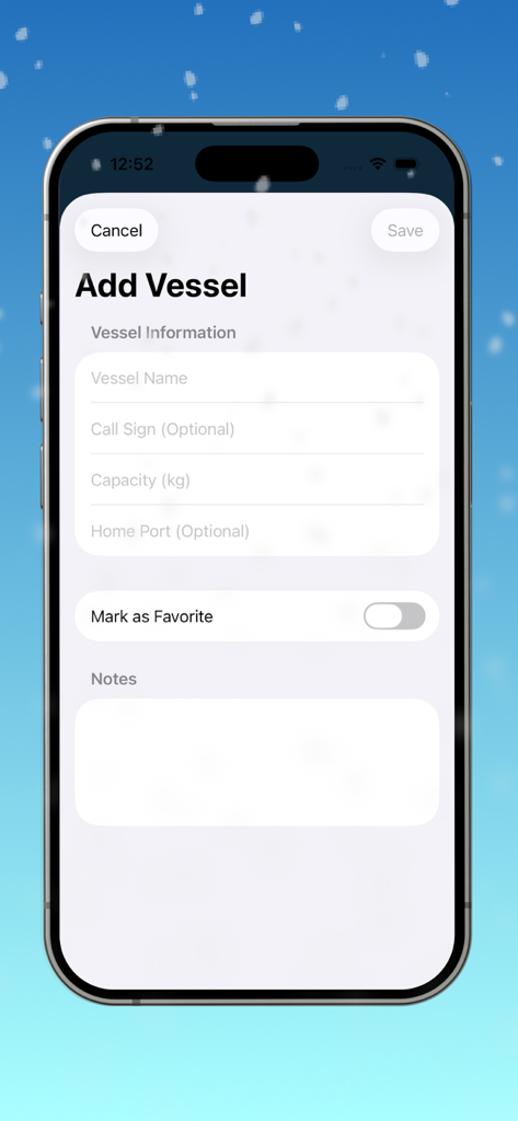 Ice Fishing - Interfaccia per l'aggiunta di una nuova nave da pesca con campi per nome, segnale di chiamata, capacità e porto di origine
