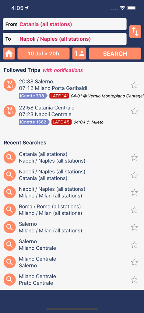 Trenìt! - find Trains in Italy - Trenit app interface displaying train search results and real-time delay notifications for Italian rail routes.
