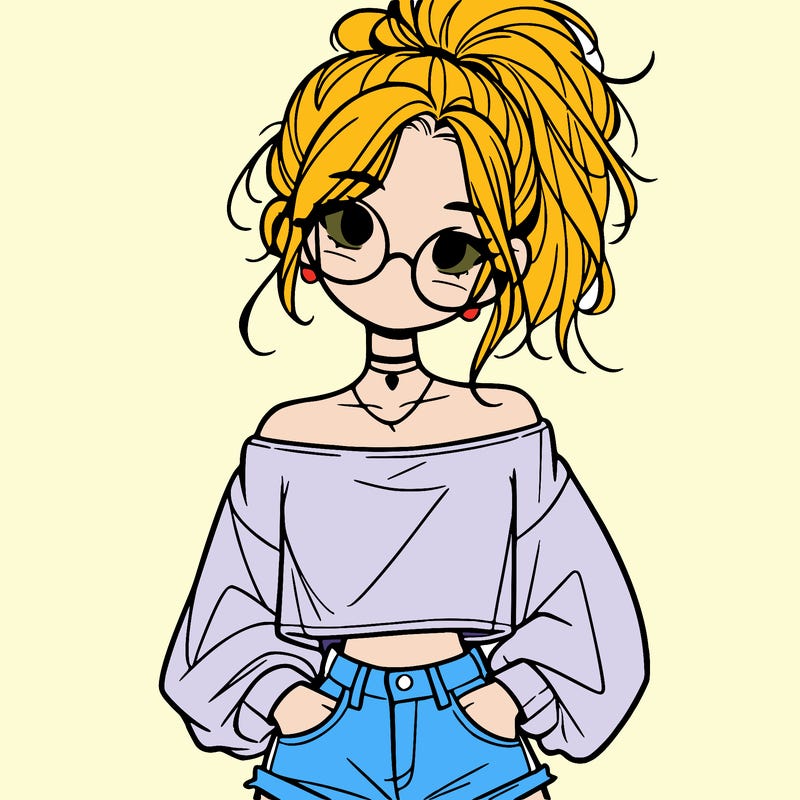 girl with a messy ponytail glasses a baggy crop top and jean shorts