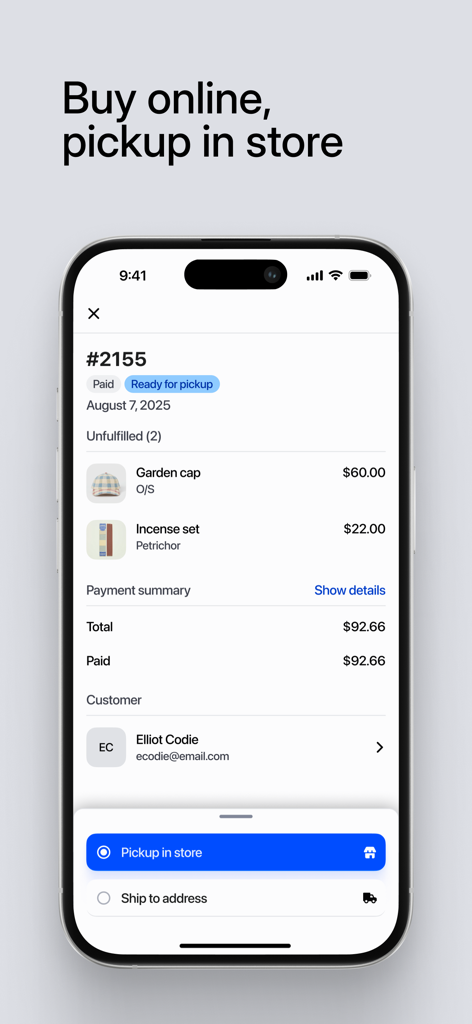 Shopify POSモバイルインターフェース。店舗受け取りの配送オプションが選択された注文概要が表示されています。