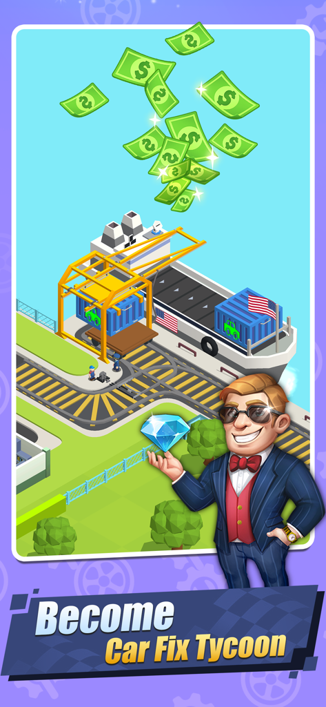 Car Fix Inc - Mechanic Garage - Mechanic tycoon character holding a diamond with a cargo ship and falling money