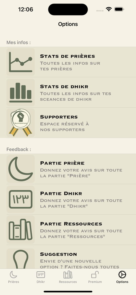 Options screen of the Aide a la priere app showing prayer and dhikr statistics