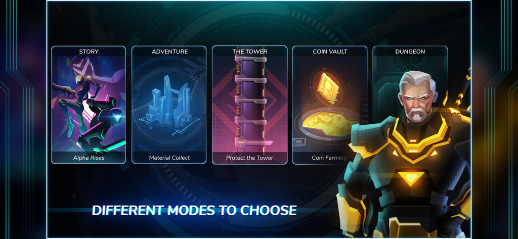 Interfaz mostrando múltiples modos de juego en Overdrive II, incluyendo Historia y Mazmorra