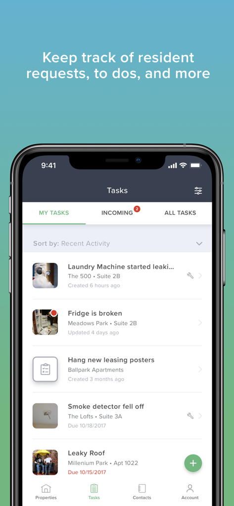 Buildium app interface showing a list of property management tasks and resident requests on an iPhone.