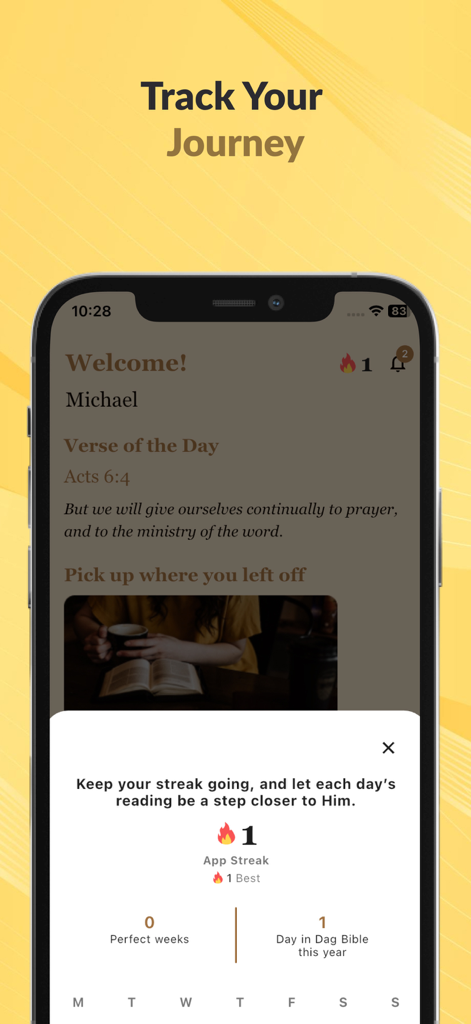 Dag Bible - Captura de pantalla de la aplicación Biblia Dag que muestra el progreso de lectura y la información de la racha diaria