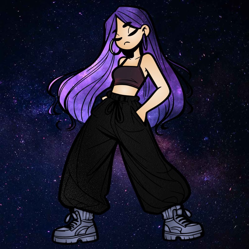 girl in baggy pants crop top and long hair