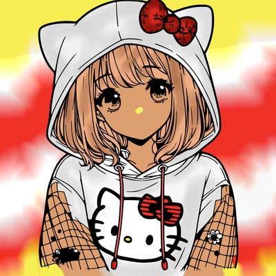 a girl wearing a hello kitty sweater with hood also realistic