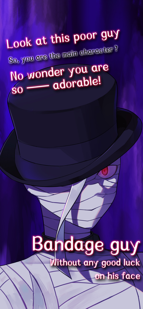 Un personnage d'anime enveloppé de bandages et portant un chapeau haut de forme noir avec un œil rouge visible sur fond violet.