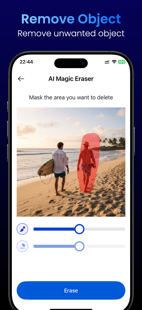 AuraAI: Photo Generator - AuraAI app interface showing the AI Magic Eraser feature removing an unwanted person from a beach photo