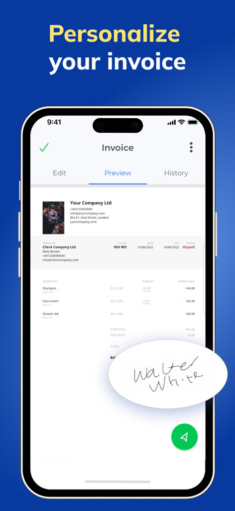 Zintego - Invoice Maker - Aplicativo Zintego mostrando uma prévia de fatura personalizada com uma assinatura digital