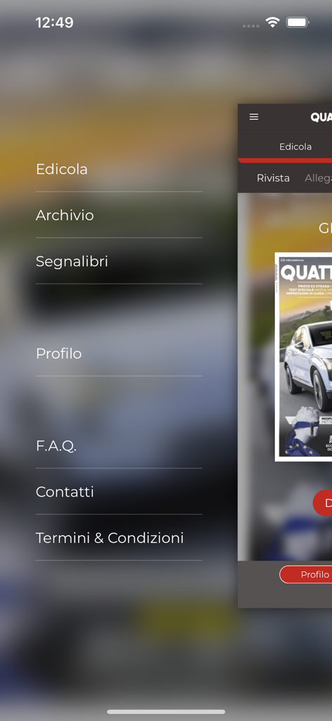 Side navigation menu of the Quattroruote app showing archive and newsstand sections