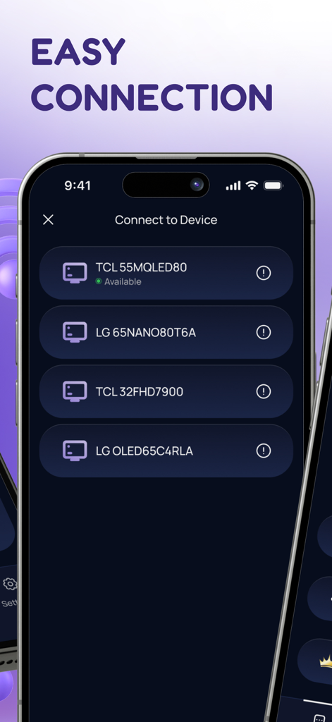 Universal Remote TV ◦ for Roku - Una pantalla de iPhone que muestra una lista de televisores inteligentes disponibles para una fácil conexión inalámbrica.