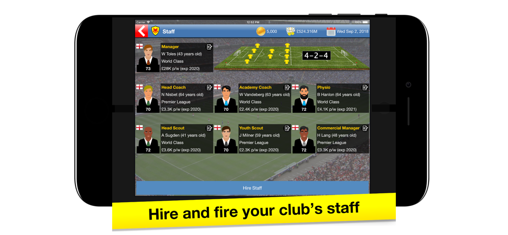 Interface of Soccer Tycoon showing club staff management and hiring options
