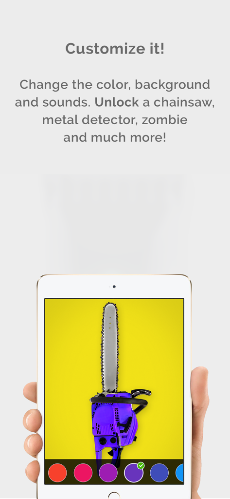 A tablet screen displaying a customizable purple chainsaw prank tool on a bright yellow background within the Hair Trimmer Prank app.