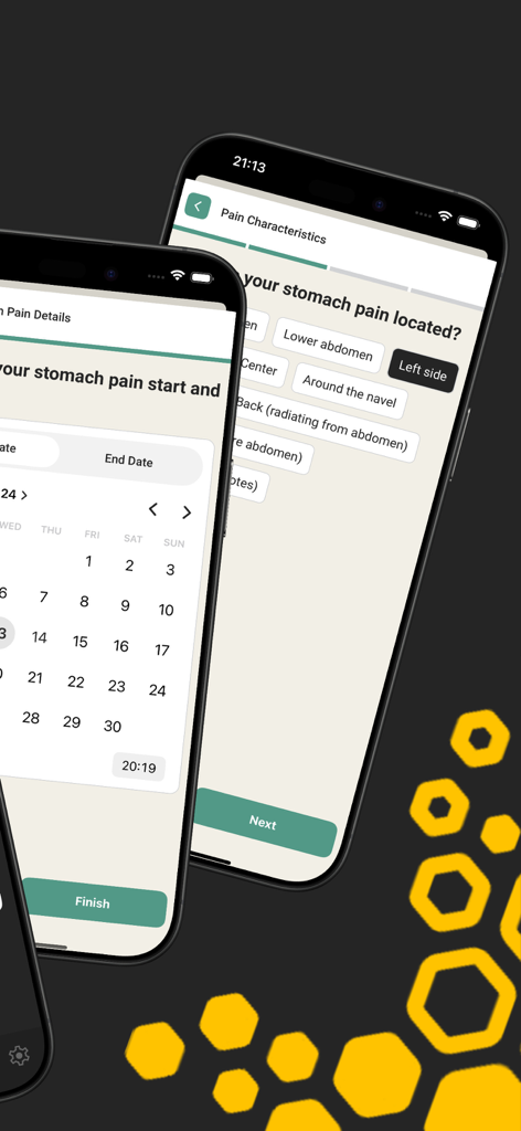 Stomach Ache Tracker app screens showing pain location selection and a calendar for logging symptoms.