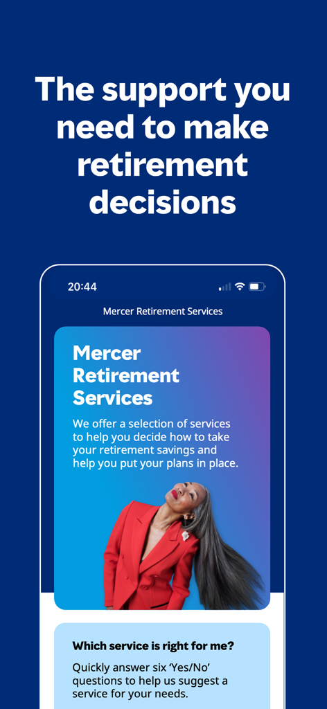 Mercer Money mobile app screen showing retirement support services and a planning questionnaire