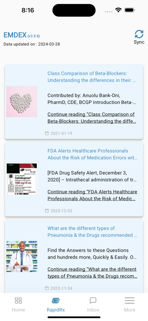 EMDEX Reference - EMDEX医療アプリのRapidRxセクション。医薬品の安全性アラートと臨床ニュースが表示されます。