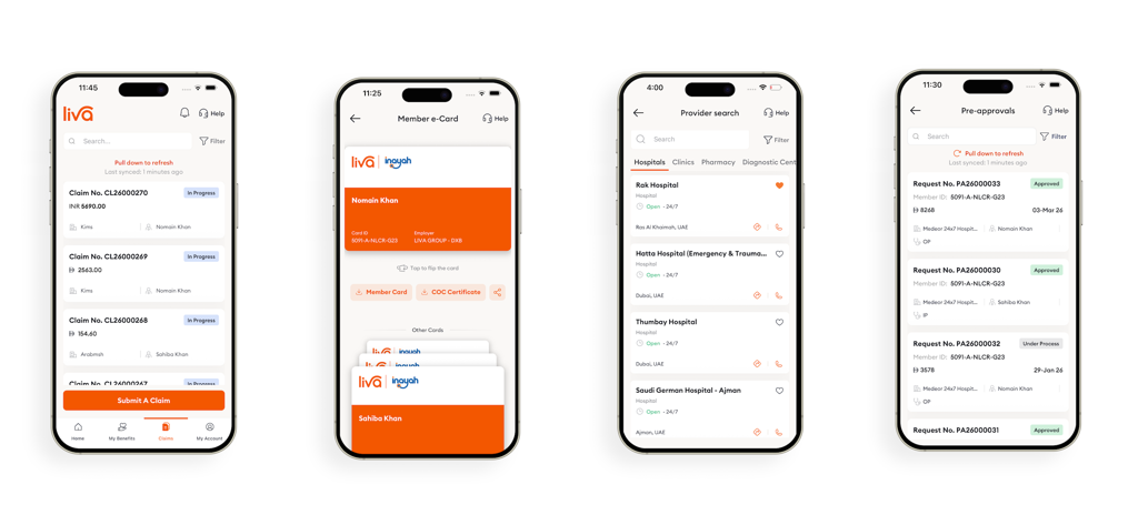 Liva UAE - Four iPhone screens showing the Liva UAE app interface with features for claims tracking, digital health cards, and provider search
