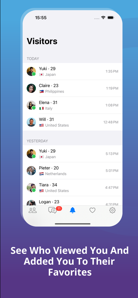 My Transgender Date: TS Dating - A screen from the My Transgender Date app showing a chronological list of recent profile visitors from various countries.