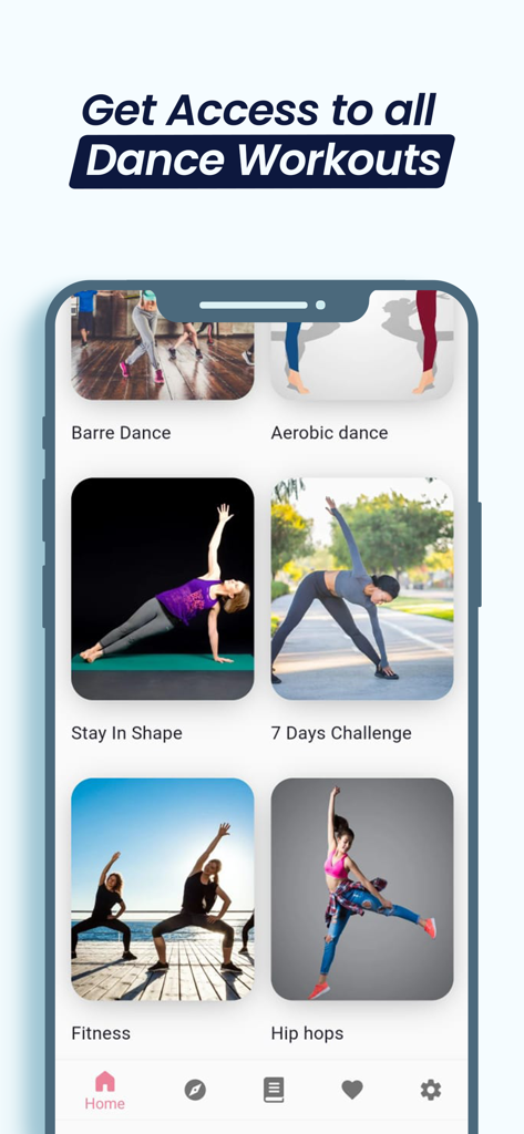 Dance Fit - Weight Loss Moves - Interfaccia dell'app Dance Fit che mostra varie categorie di allenamento di danza tra cui barre, aerobica e hip hop
