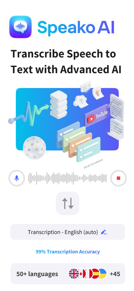 Speako AI app interface for transcribing speech to text with 99 percent accuracy and multi-language support