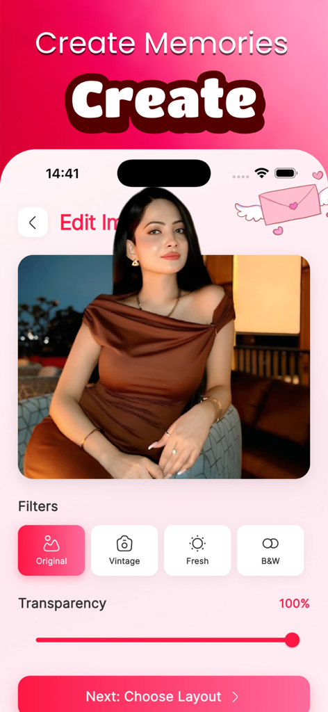 Mulm - Interfaz móvil de la aplicación Mulm que muestra opciones de edición de fotos y filtros para la creación de mensajes personalizados