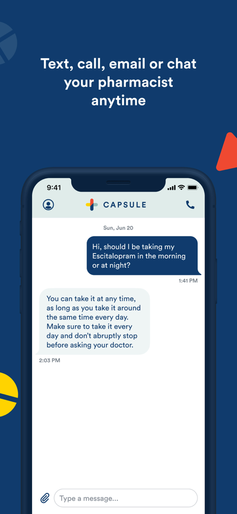 Capsule Pharmacy - Capsule Pharmacy app interface showing a user chatting with a pharmacist about medication timing
